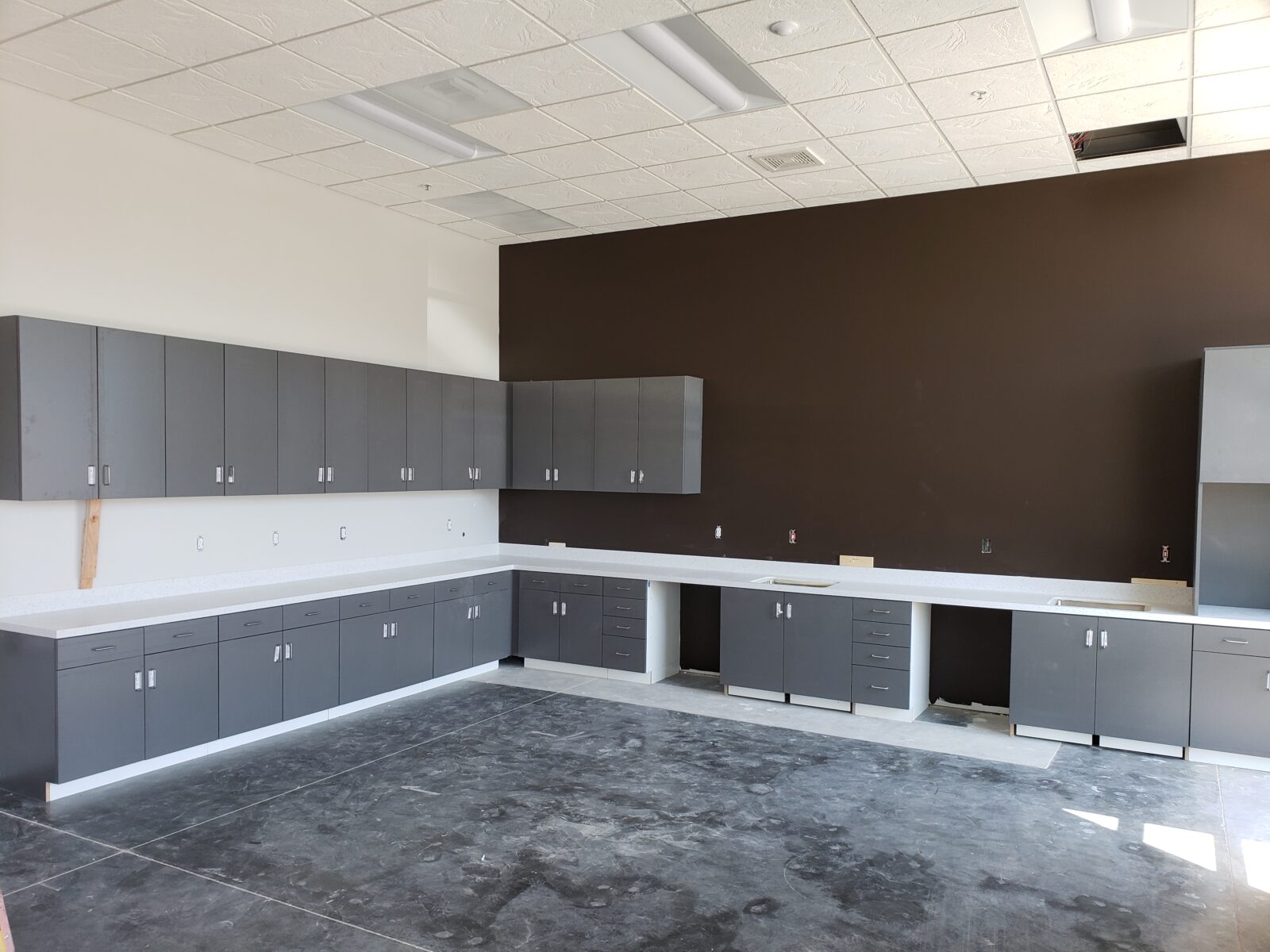 Large break room space cabinets. Solid surface counter top. Corean solid surface.