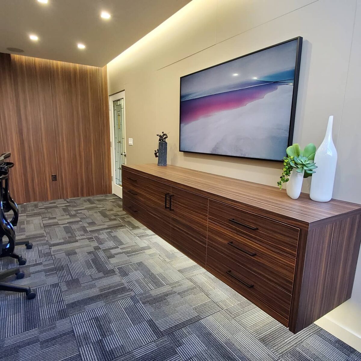 Conference room. Modern furniture. Custom conference room entertainment cabinets. Contemporary office space.